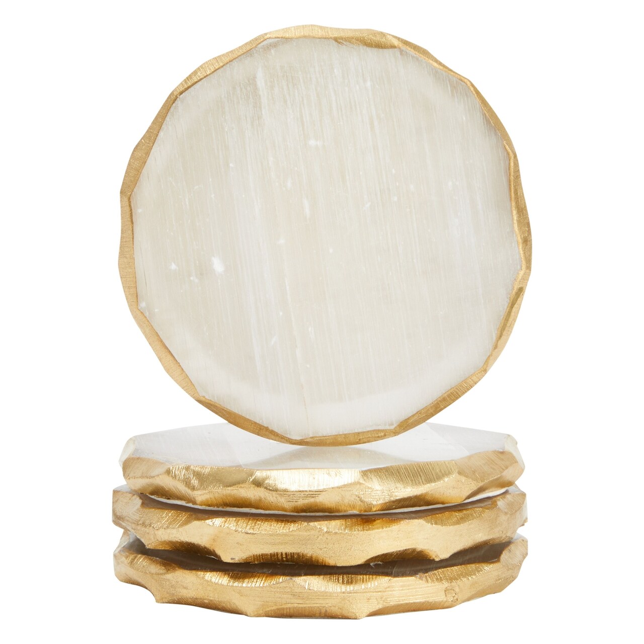 Juvale Natural Selenite Crystal Coasters - Absorbent Surface Barrier & Crystal Drink Coasters - Handcrafted Geode Slices & Gold Decor Accent - Set of 4 for Cups & Bottles - 4-Pack, 3.75-4 in